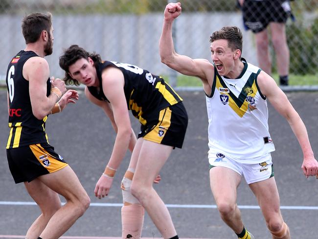 Colac v Leopold, senior footy. Leopold's Jake Pitt celebrates a goal. Picture: Mike Dugdale