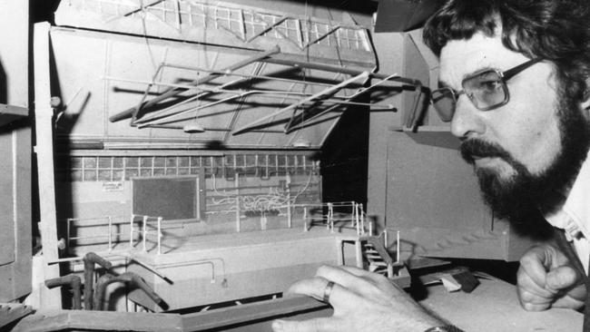 Construction manager Derek Mills looking at scale model that ensured that all was right with the auditorium during the building of the Adelaide Festival Theatre in 1974. Picture: Advertiser Library