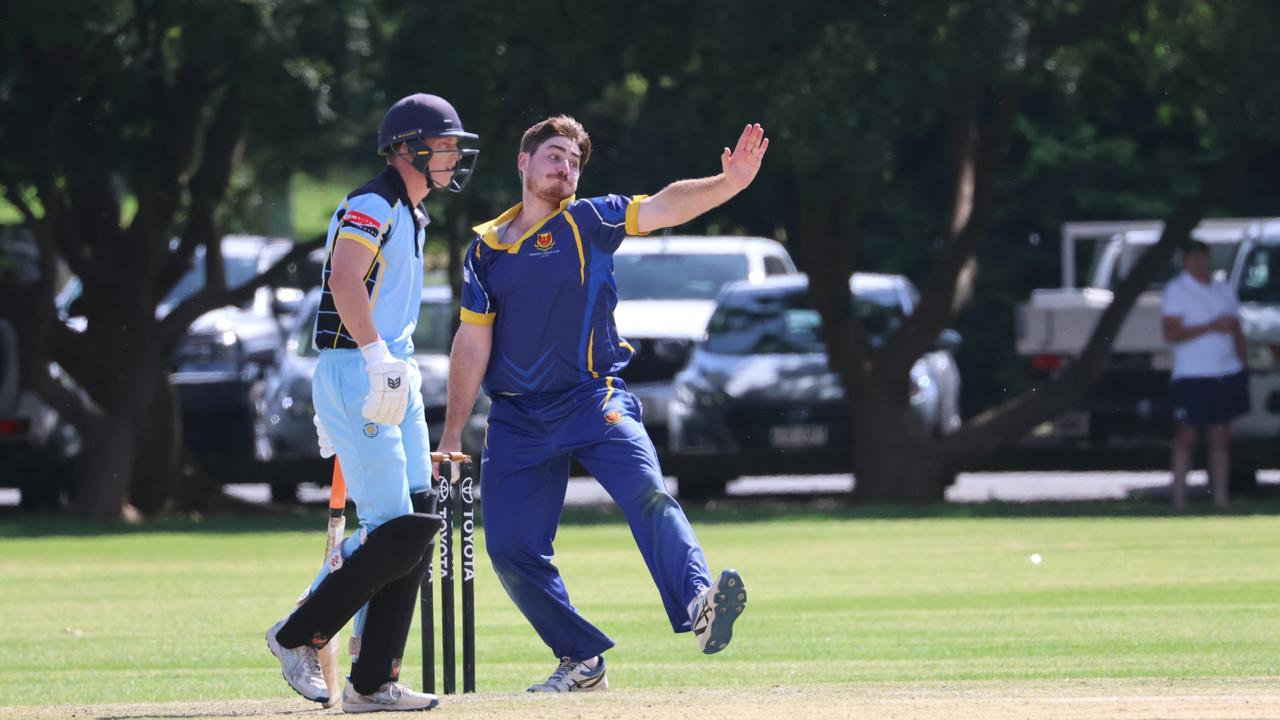 Hunter Payne bowls for University in the 2025 Toowoomba T20 Cricket competition. Picture: Allyson Gardener.