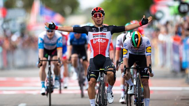 Caleb Ewan with his arms raised in triumph has become a familiar sight during the 2020 Tour Down Under. Picture: Daniel Kalisz/Getty Images