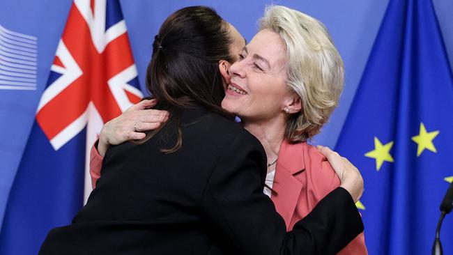 European Commission President Ursula von der Leyen greets Jacinda Ardern at EU headquarters in Brussels. Picture: AFP.