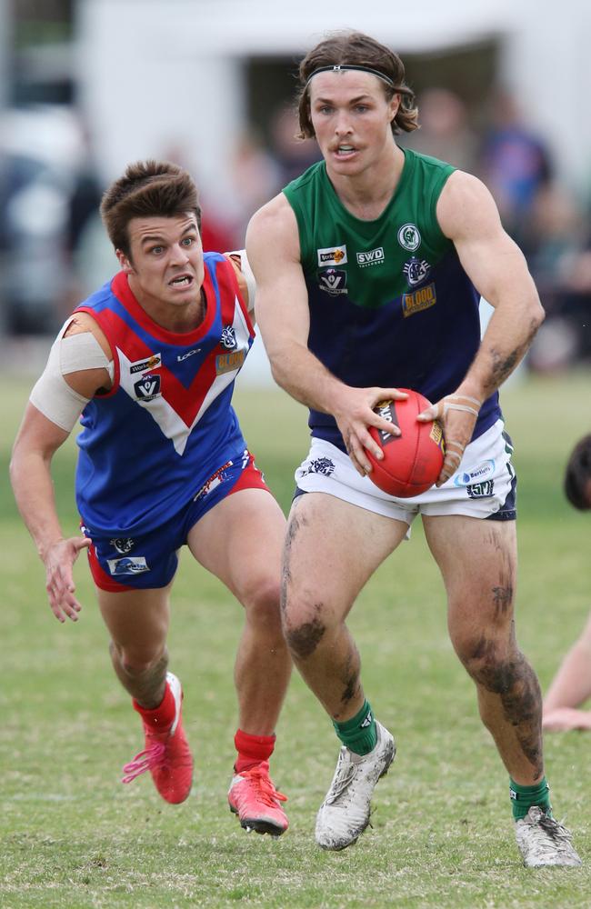 Football GFL: South Barwon v St Mary's St Mary's 9 Harry Benson is chased by South Barwon 18 Jackson Carmody Picture: Mark Wilson