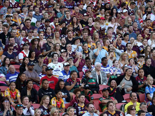 Crowd react to the NRL Broncos v Dragons Round, Suncorp Stadium, Milton. Photographer: Liam Kidston.