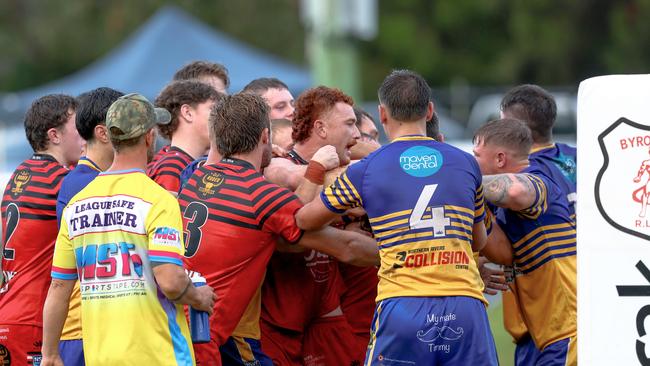 Tempers flared at various stages on the Byron Shire derby. Picture: DC Sports Photography