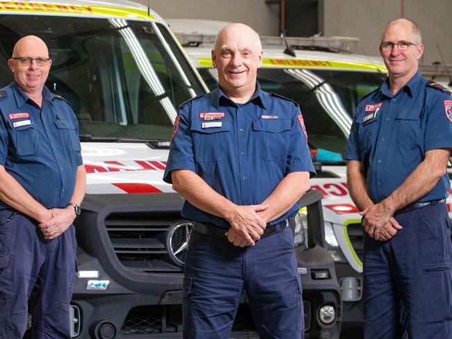 30 years on from answering ads in the newspaper, two paramedics from England and one from Canada are now marking their 30th anniversary working for Ambulance Victoria. L to R David Millican, Nick Thresher, Brad Sanders. Picture: Mark Stewart