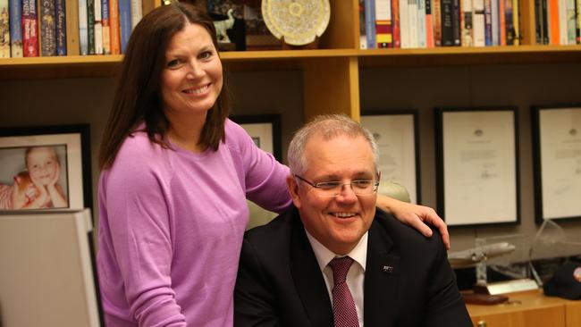 Mr Morrison had a special message for wife Jenny before entering the party room for the fateful ballot. Picture: Kym Smith