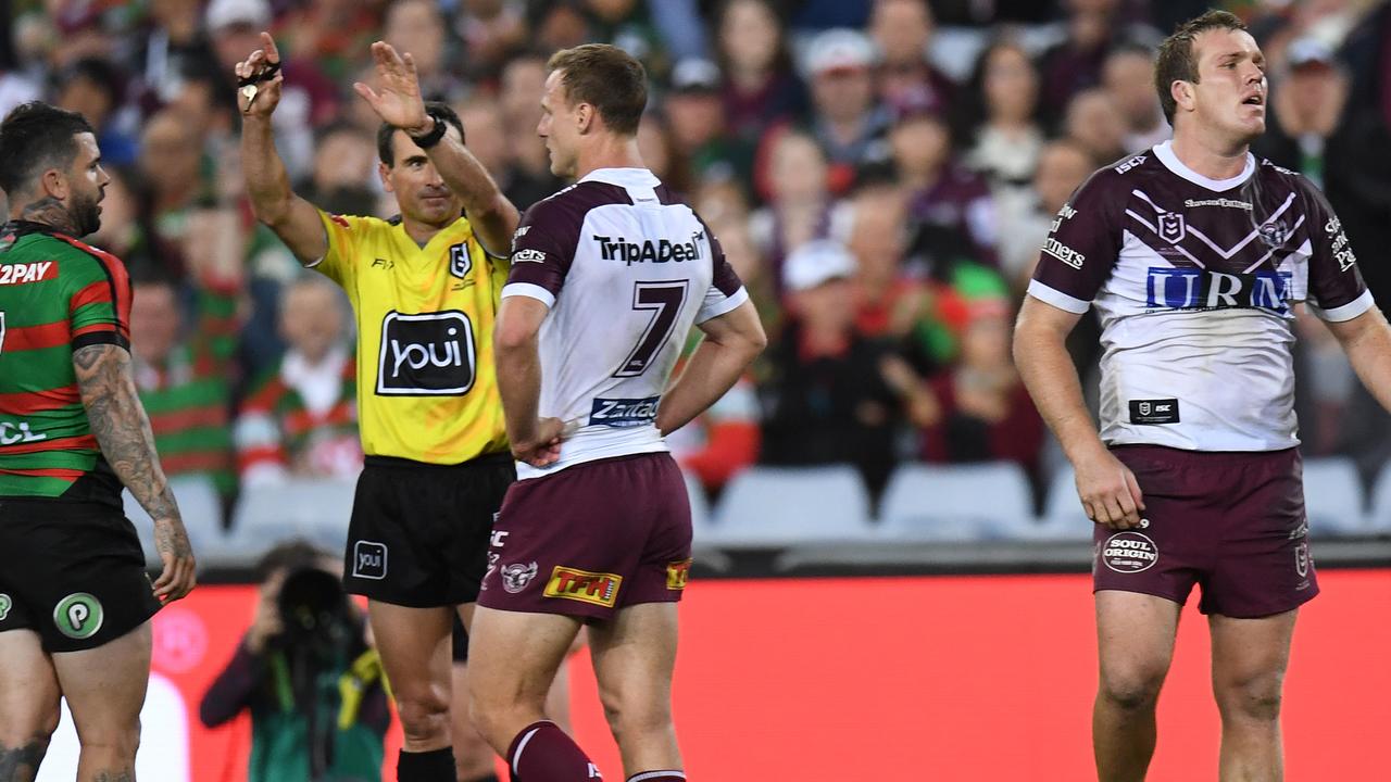 Referee Gerard Sutton sends Manly lock Jake Trbojevic to the sin bin.