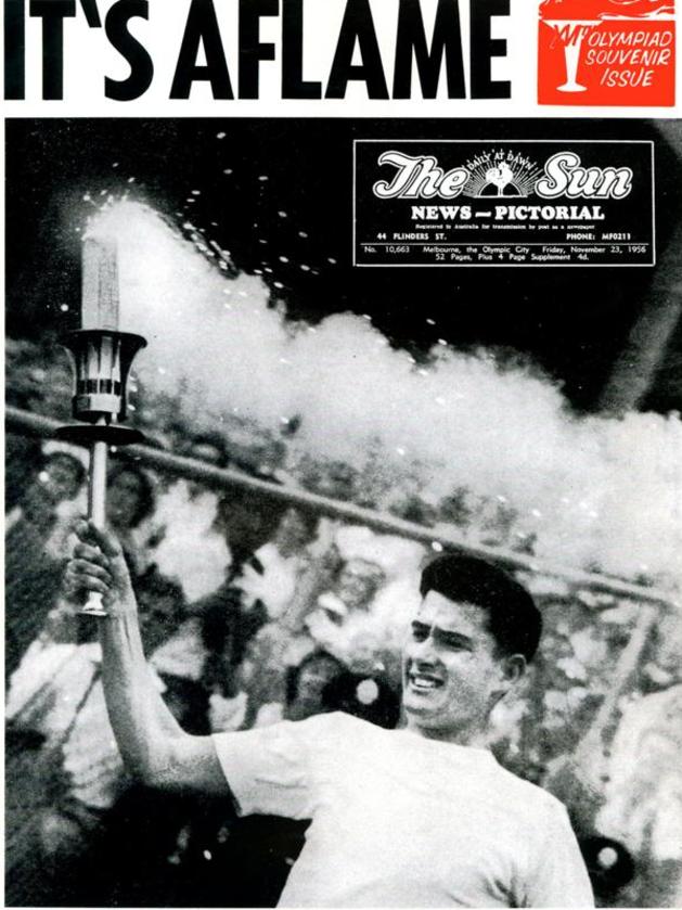 The front page of The Sun on November 23, 1956m, shows young runner Ron Clarke with the Olympic torch. Picture: HWT Library