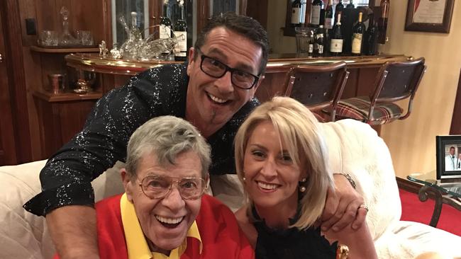 Oscar winner and Hollywood Walk of Famer Jerry Lewis, with Gold Coast couple Lou Cerantonio and Kirsty Strowger at his home in the US — Mr Lewis, who passed away six weeks ago, and Mr Cerantonio were close friends for 20 years, with Mr Cerantonio considering him a mentor and father figure.