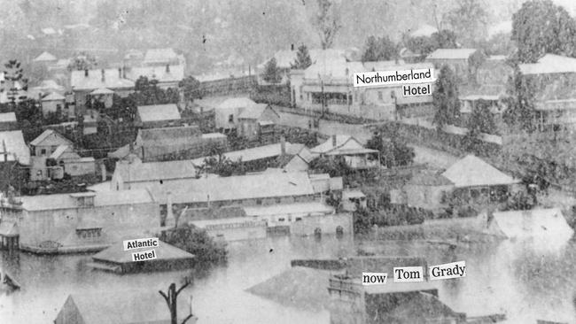 This photo is of the Gympie flood of February 4, 1893, which peaked at 25.45 metres. Reached the office of Tozer Solicitors (now Jeffery Cuddihy and Joyce Solicitors), upper Mary Street and where The National Australia bank now stands. The flood water went around the back of Mary Street and covered the floor of the Town Hall. Photo supplied by Les Priddy.