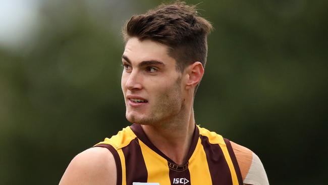 MELBOURNE, AUSTRALIA - MAY 16: Ned Reeves of Box Hill reacts during the round five VFL match between Box Hill and North Melbourne at Box Hill City Oval on May 16, 2021 in Melbourne, Australia. (Photo by Kelly Defina/AFL Photos/via Getty Images)