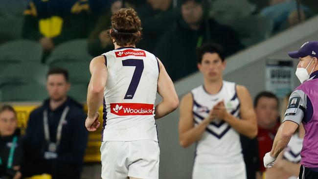 Nat Fyfe of the Dockers with Woodside marketing on his jersey. Photo by Michael Willson/AFL Photos via Getty Images