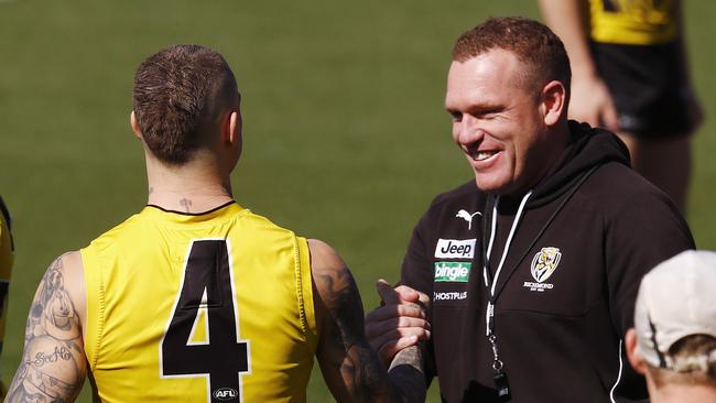 Dustin Martin and Justin Leppitsch at training. Picture: Michael Klein