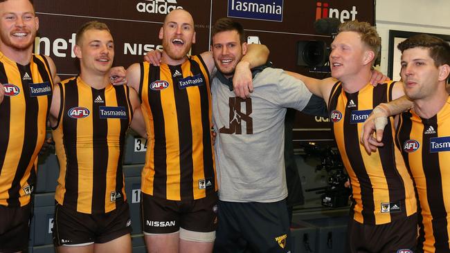 Hawthorns Jarryd Roughead sings the song with mate Grant Birchall . Pic: Michael Klein