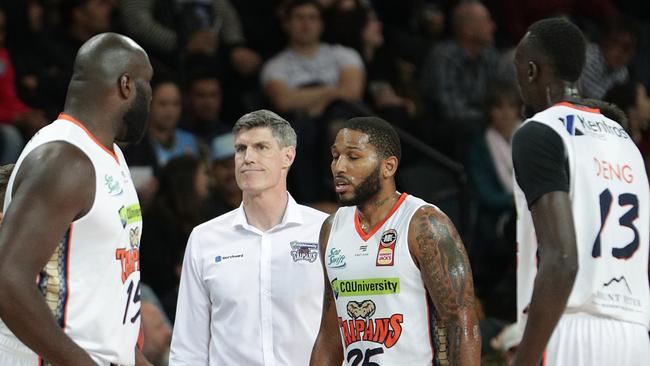 A dejected looking Head Coach Mike Kelly of the Taipans during NBL Round 5 match between New Zealand Breakers and Cairns Taipans at Spark Arena, Auckland, New Zealand, Thursday, October 31, 2019. (AAP Image/David Rowland)