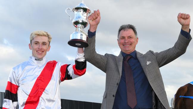 Ben Allen with trainer Enver Jusufovic after winning the Group 1 Memsie Stakes aboard Pinstriped. Picture: Vince Caligiuri/Getty Images