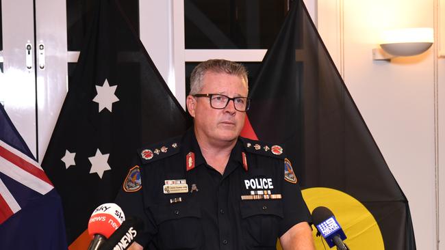 NT Police Commissioner Jamie Chalker addresses Territorians late on Thursday evening. Picture: Amanda Parkinson