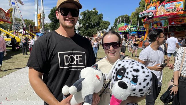 Yarra Valley mates Jay Harty and Tahlia Edwards won two stuffed dogs – a Huskie and a Dalmatian – at Moomba on Saturday, March 11.