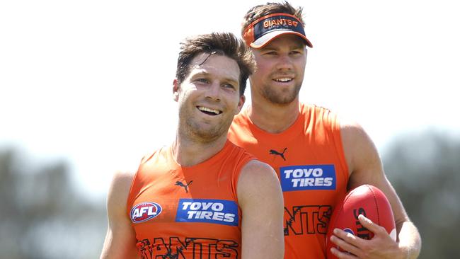 Toby Greene and Harry Himmelberg at pre-season training. Picture: Phil Hillyard.