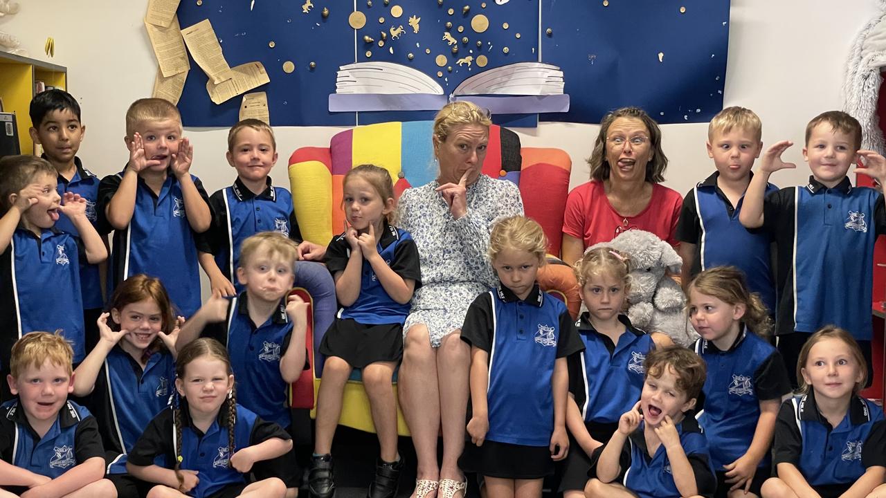 One Mile State School Preps 2024. (Back from left) Zovi, Kobey, Kaden, Mrs Smith, Hunter, Greyson (middle from left) Chevy, Thea, Jensen, (front from left) Lukah, Lucy, Aletheia, Rory, Brock, Willow, Charlotte, and (chair) Amity and Mrs E. Gympie My First Year. Silly faces photo.