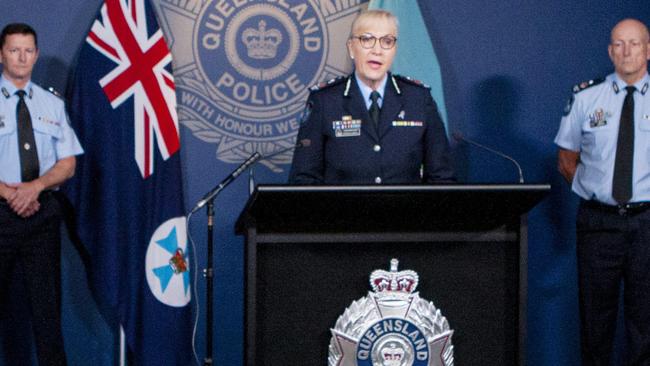 Queensland Police Commissioner Katarina Carroll with her deputies Mark Wheeler and Steve Gollschewski on Friday. Picture: Jerad Williams