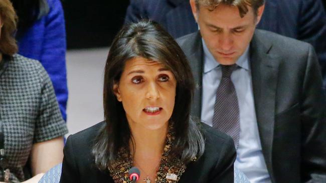 US Ambassador to the UN Nikki Haley speaks during a UN Security Council meeting over the situation in the Middle East on December 18, 2017, at UN Headquarters in New York.  The UN Security Council is to vote on a draft resolution rejecting US President Donald Trump's recognition of Jerusalem as the capital of Israel. / AFP PHOTO / KENA BETANCUR