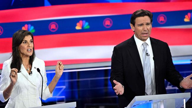 Former Governor of South Carolina Nikki Haley and Florida Governor Ron DeSantis speak during the third Republican presidential primary debate.