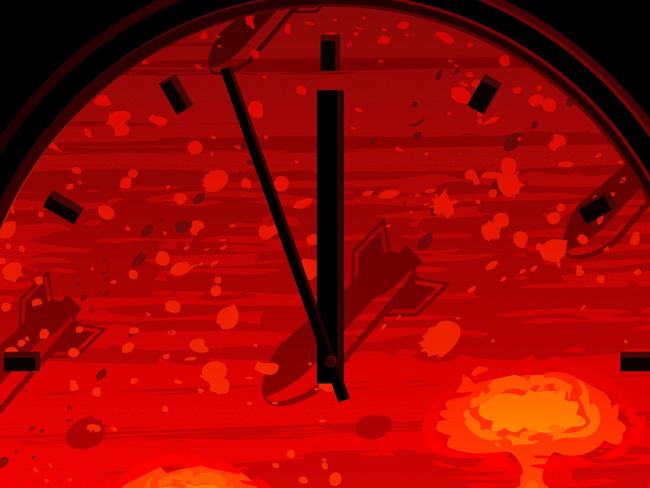 Doomsday clock showing 3 minutes to midnight.