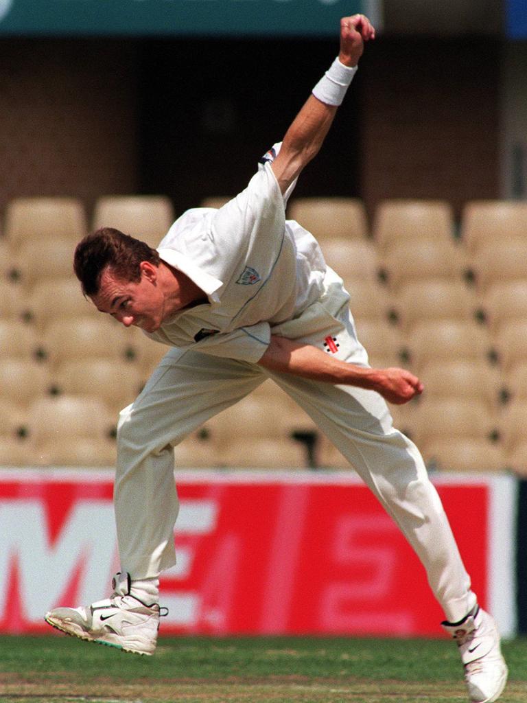 Bowling during a Sheffield Shield match between NSW and SA in 1997. Following his hat-trick game, he was never picked for Australia again. Picture: Supplied