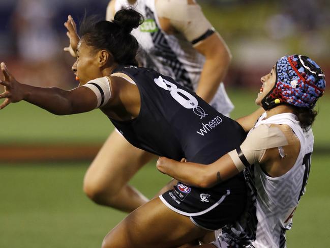 This tackle from Aliesha Newman has seen Vaomua Laloifi miss a week due to concussion. Picture: Darrian Traynor/Getty Images