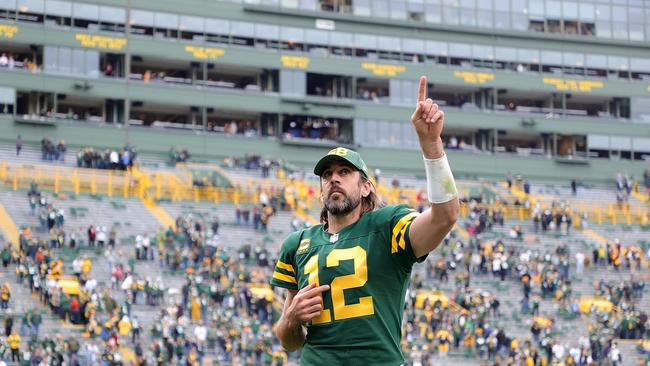 GREEN BAY, WISCONSIN - OCTOBER 24: Aaron Rodgers #12 of the Green Bay Packers leaves the field following a game against the Washington Football Team at Lambeau Field on October 24, 2021 in Green Bay, Wisconsin. (Photo by Stacy Revere/Getty Images)