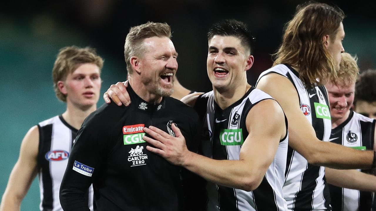 Nathan Buckley after coaching Collingwood to a win in his final match. Picture: Getty Images