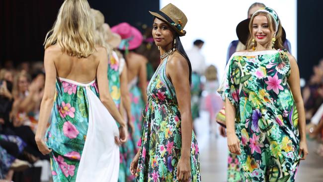 Model Marjorie Dorante-Wymarra wears a design by Dijo Life on the final night's runway show at Cairns Fashion Week, held at the Screen Queensland studios. Picture: Brendan Radke