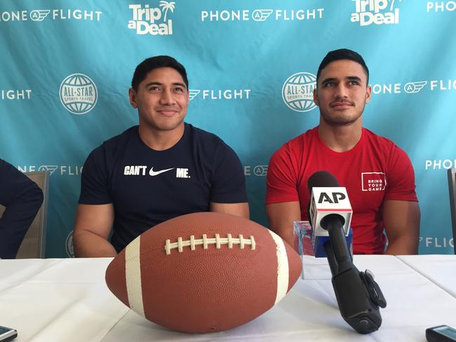 NRL players Jason Taumalolo and Valentine Holmes in California during their November workouts for NFL scouts. Picture: AAP