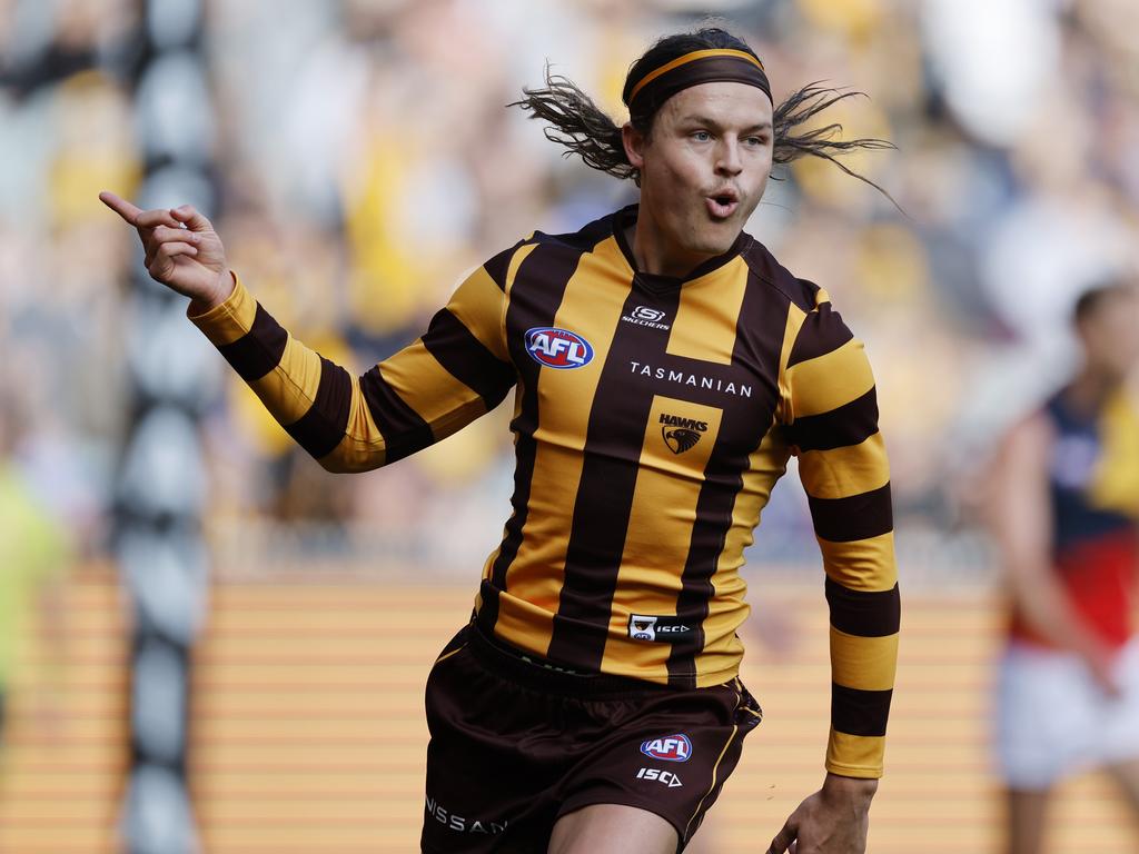 Jack Ginnivan enjoys a goal during Hawthorn’s big first half. Picture: Michael Klein