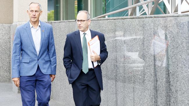 Bob Brown with Foundation lawyer Roland Browne outside the Magistrates Court, Hobart. Picture: MATT THOMPSON