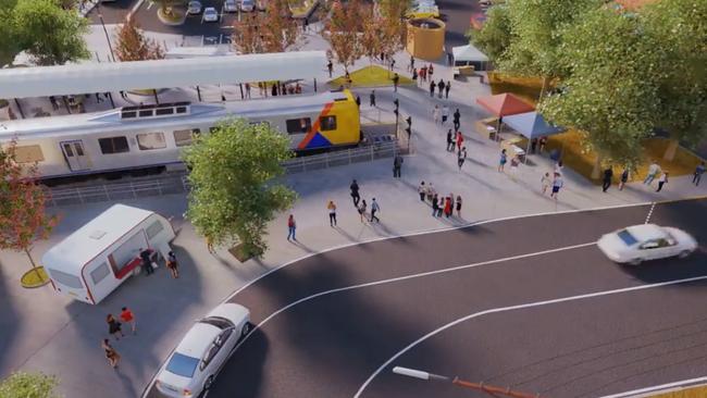 An artist impression of the ‘kiss and drop’ connection at Baker St in Port Adelaide for the spur line. Picture : DPTI