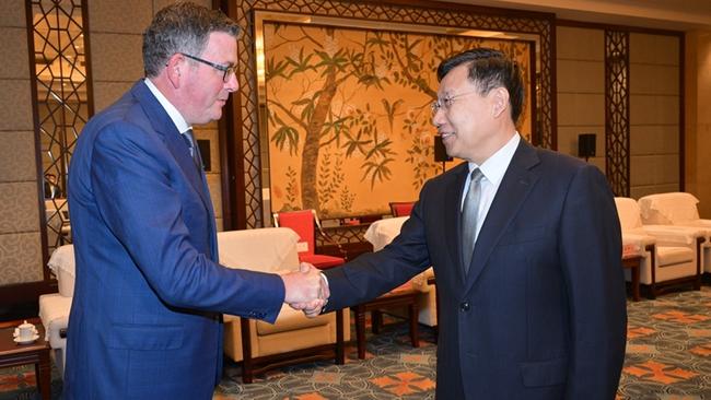 Premier Daniel Andrews meets Wang Xiaohui, party secretary of Sichuan Province, during his official trip to China in March, 2023.