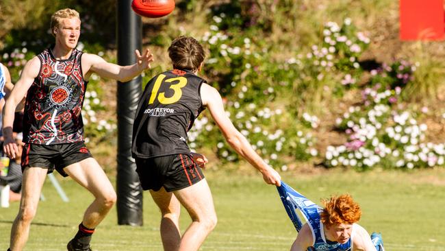 Action between Rostrevor and St Peter’s on Saturday. Picture: Morgan Sette