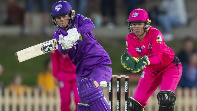 Corinne Hall of the Hurricanes bats during the Women's Big Bash League (WBBL) match between the Sydney Sixers and the Hobart Hurricanes at North Sydney Oval in Sydney, Wednesday, November 20, 2019. (AAP Image/Craig Golding)