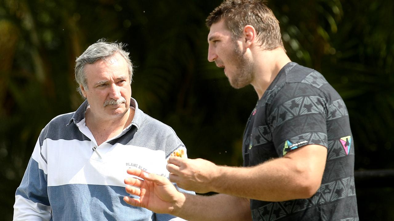 Ken Talbot with Dave Taylor during a visit to Red Hill for Broncos training.