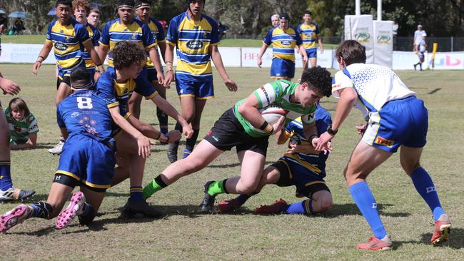 Action galleries of the junior rugby union grand finals, match played at Surfers Paradise Home Ground. Gold Coast Eagles Vs Currumbin Alligators under 16s division. Currumbin player 12 callum Simpson. Picture Mike Batterham