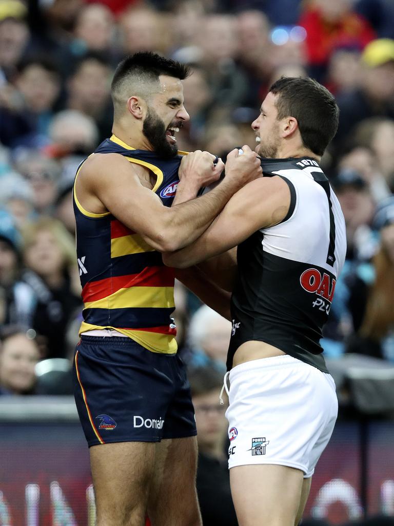 Wayne Milera and Travis Boak size each other up. Picture SARAH REED