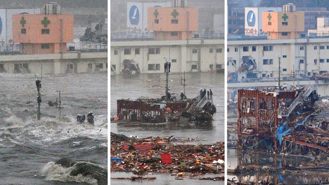 A sequence of images shows the damage on the roof of Minamisanriku’s disaster prevention centre during the 2011 tsunami. Picture: Shinichi Sato via Kyodo News.