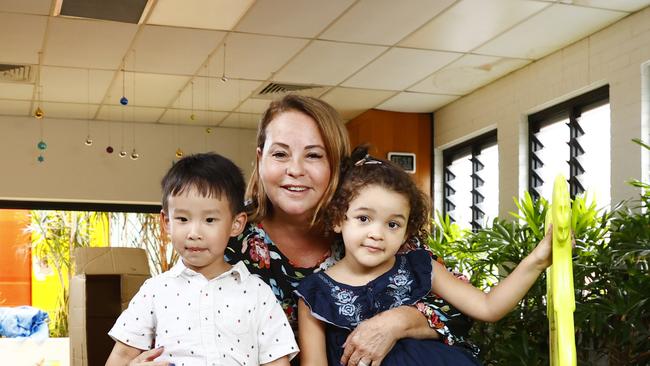 Nicky Upfold at her Artarmon centre with children Sophia and Archer. Picture: Richard Dobson