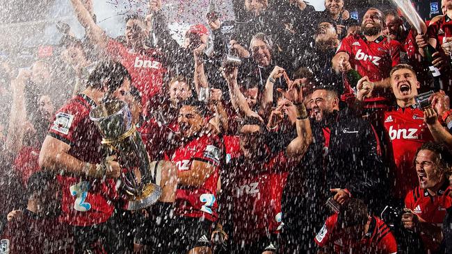 The Crusaders celebrate winning last year’s Super Rugby title. Picture: AFP 