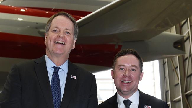 Doug Parker when he was American Airlines chief, with Qantas boss Alan Joyce in 2015. Picture: AAP