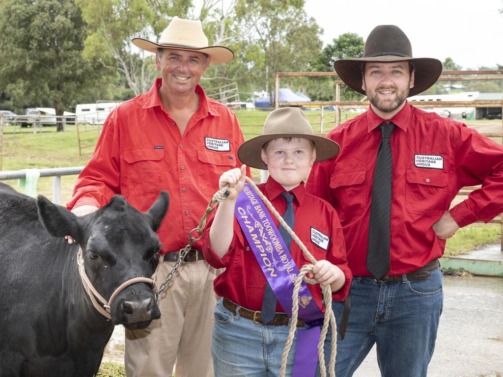 Phil, Koenraad and Robert LaBrie with Longyard Aneesha from Australian Heritage Angus at the Toowoomba Royal Show. Saturday, March 26, 2022. Picture: Nev Madsen.