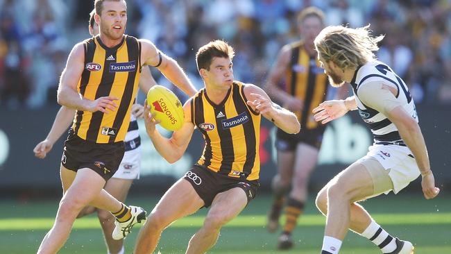 Jaeger O'Meara and teammate Tom Mitchell propel the Hawks forward. Pic: Getty Images