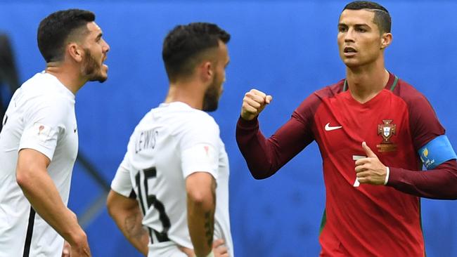 Portugal's forward Cristiano Ronaldo celebrates after scoring a penalty.